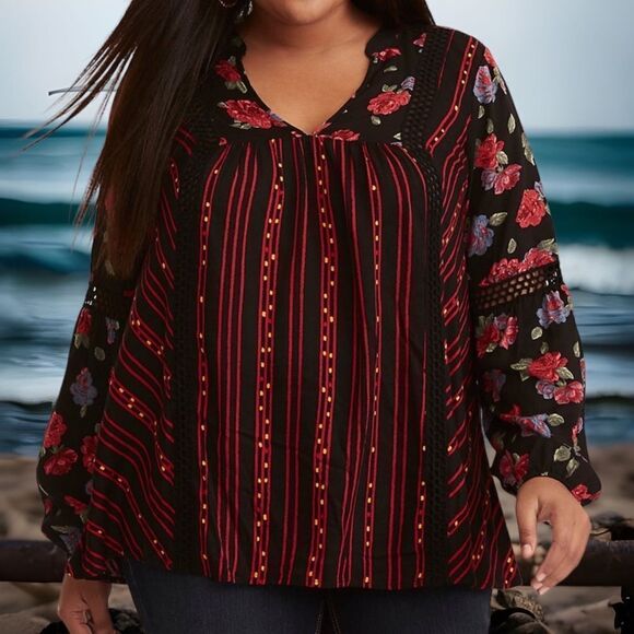 Torrid Boho Witchy Black Red Floral Long Sleeve V-Neck Shirt Plus Size 00 - Picture 1 of 8